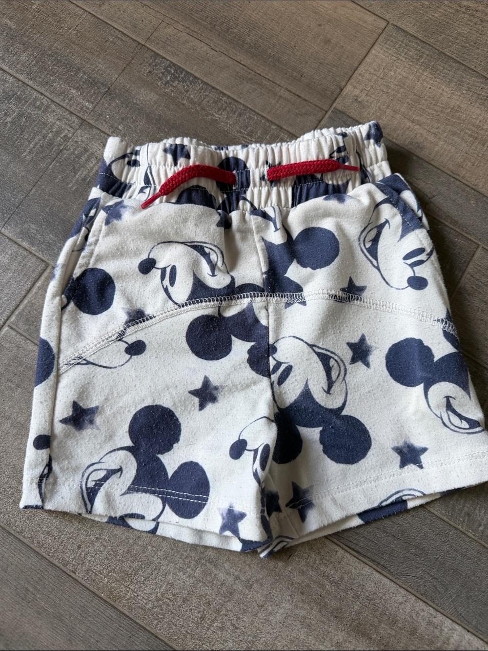 Disney White Shorts with Navy Mickey Print and Red Drawstring